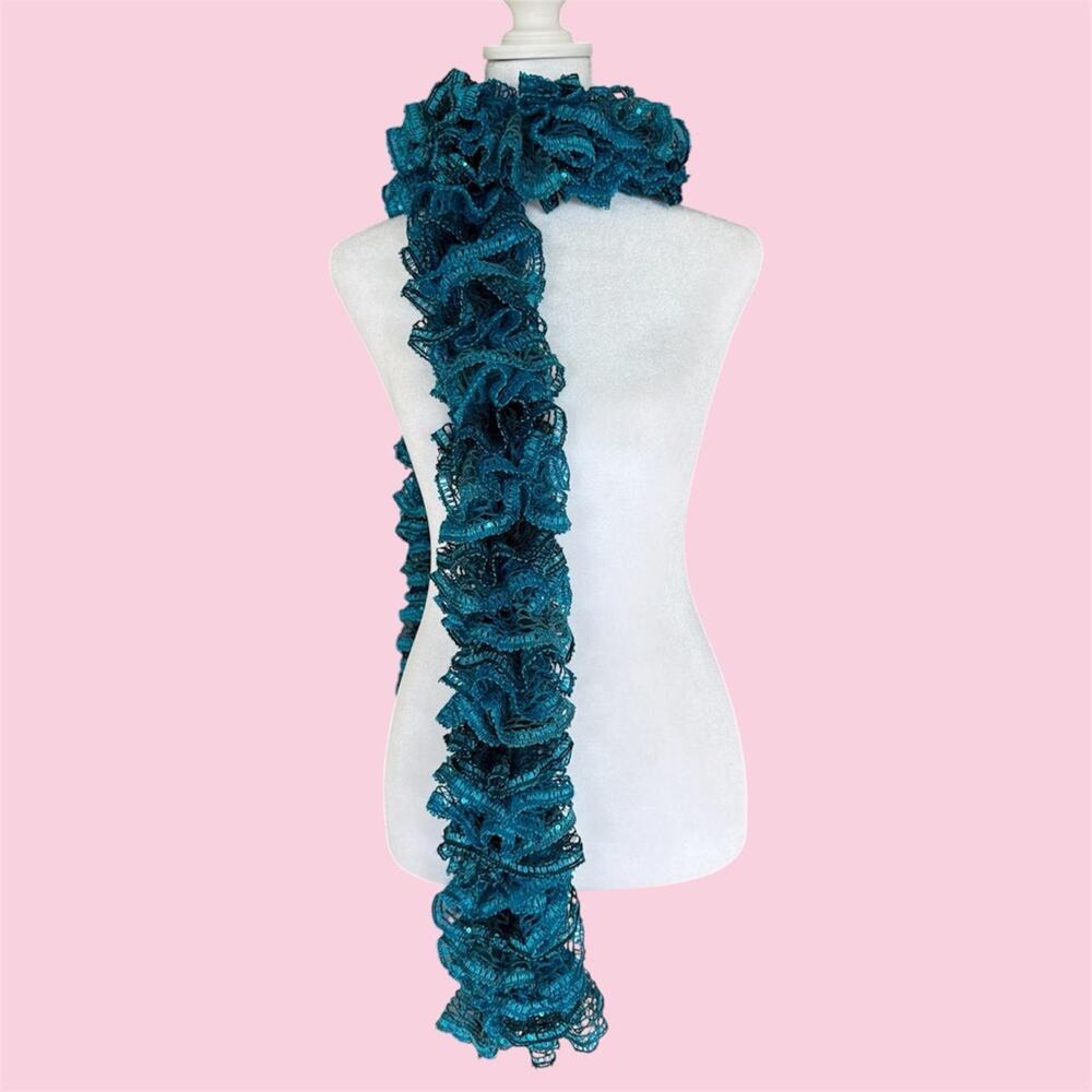 Fairycore Teal ruffled lace scarf with sequins